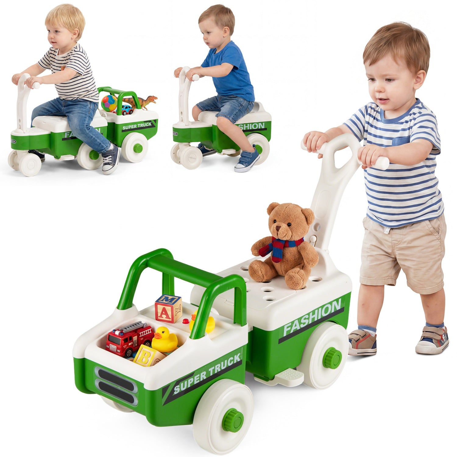 4 in 1 Ride on Push Car with Music and Under-Seat Storage for Boys Girls, Green Push & Pedal Ride On Toys at Gallery Canada