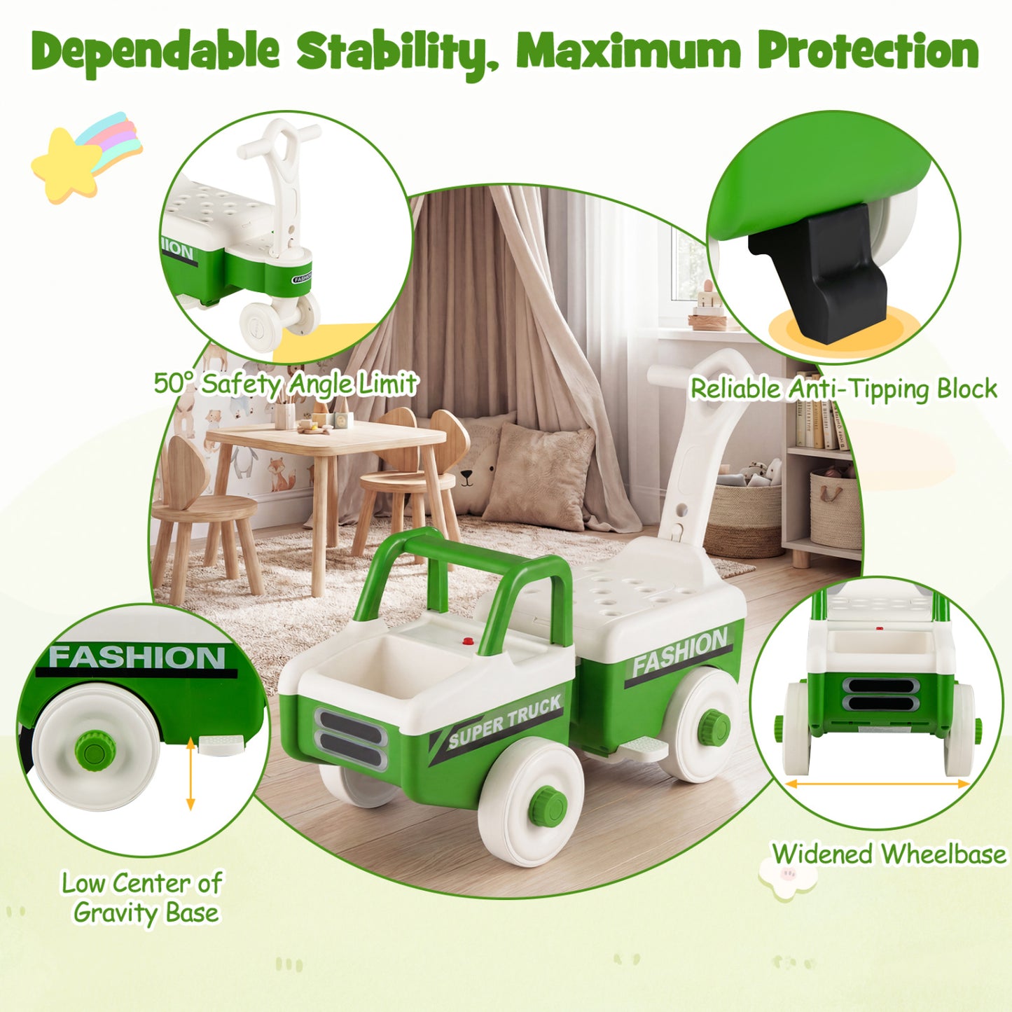 4 in 1 Ride on Push Car with Music and Under-Seat Storage for Boys Girls, Green Push & Pedal Ride On Toys at Gallery Canada