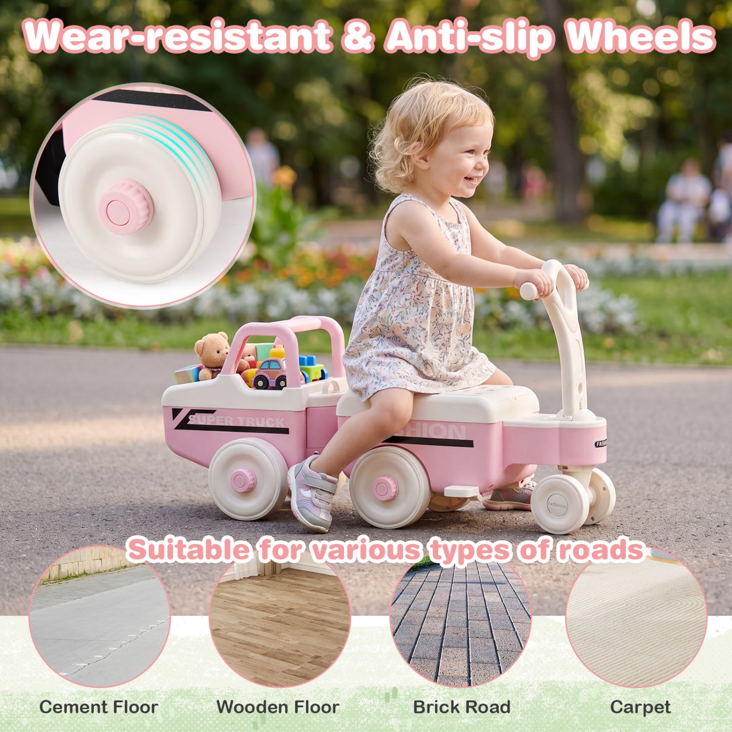 4 in 1 Ride on Push Car with Music and Under-Seat Storage for Boys Girls, Pink Push & Pedal Ride On Toys at Gallery Canada