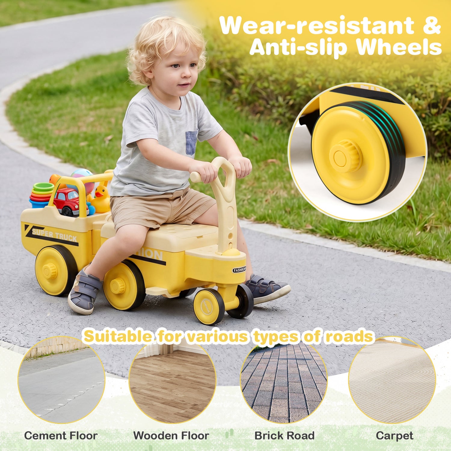 4 in 1 Ride on Push Car with Music and Under-Seat Storage for Boys Girls, Yellow Push & Pedal Ride On Toys at Gallery Canada