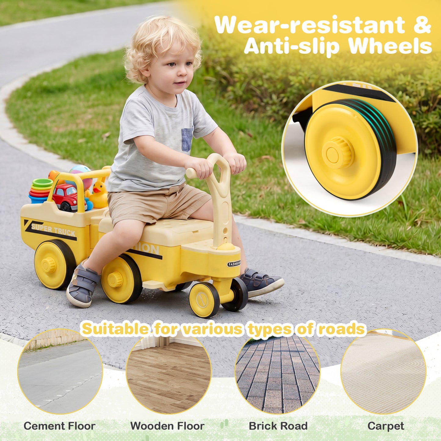 4 in 1 Ride on Push Car with Music and Under-Seat Storage for Boys Girls, Yellow Push & Pedal Ride On Toys at Gallery Canada