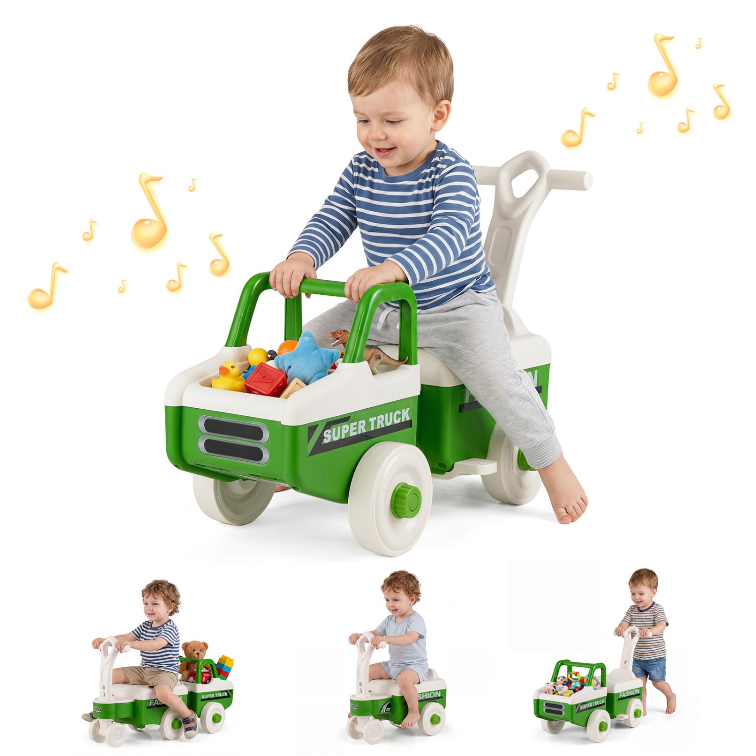 4 in 1 Ride on Push Car with Music and Under-Seat Storage for Boys Girls, Green Push & Pedal Ride On Toys at Gallery Canada