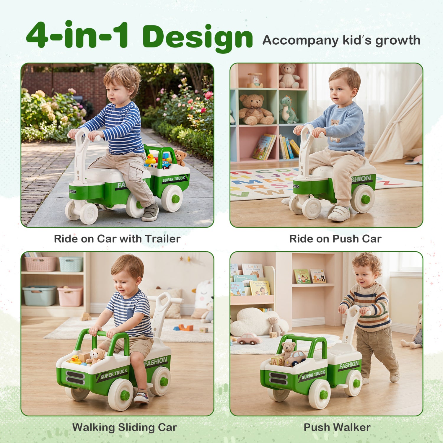4 in 1 Ride on Push Car with Music and Under-Seat Storage for Boys Girls, Green Push & Pedal Ride On Toys at Gallery Canada
