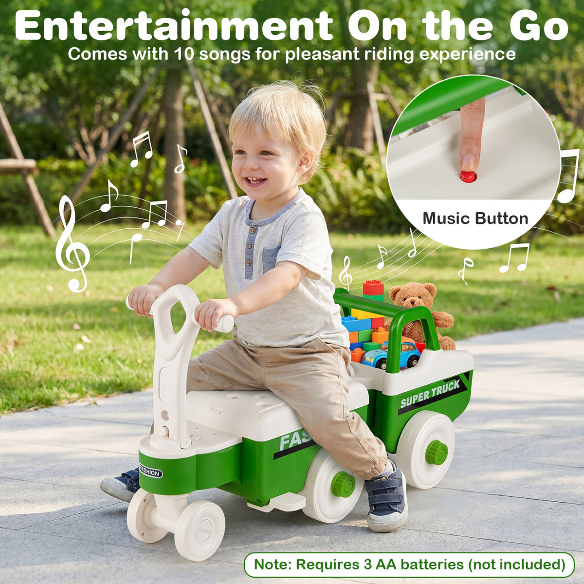 4 in 1 Ride on Push Car with Music and Under-Seat Storage for Boys Girls, Green Push & Pedal Ride On Toys at Gallery Canada