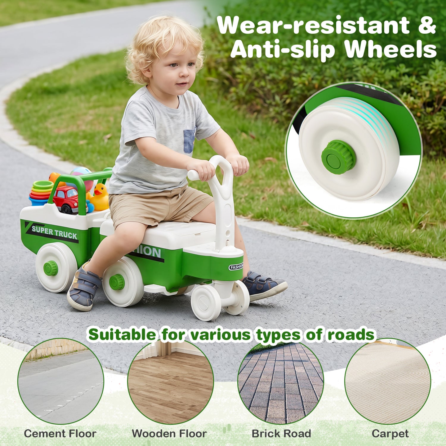 4 in 1 Ride on Push Car with Music and Under-Seat Storage for Boys Girls, Green Push & Pedal Ride On Toys at Gallery Canada