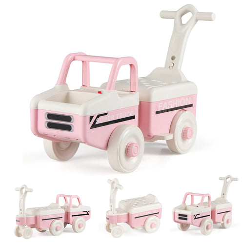4 in 1 Ride on Push Car with Music and Under-Seat Storage for Boys Girls, Pink