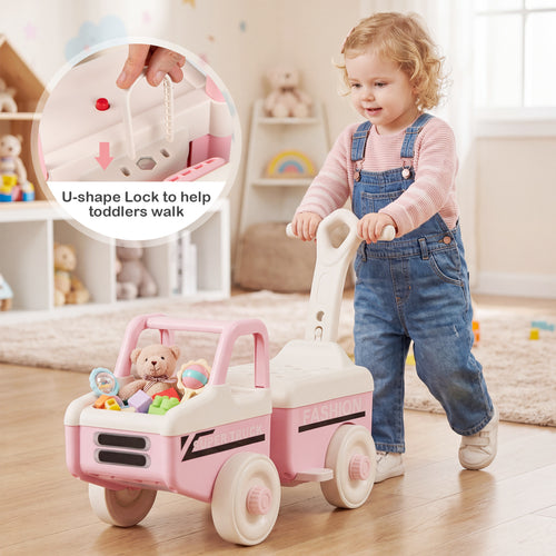4 in 1 Ride on Push Car with Music and Under-Seat Storage for Boys Girls, Pink