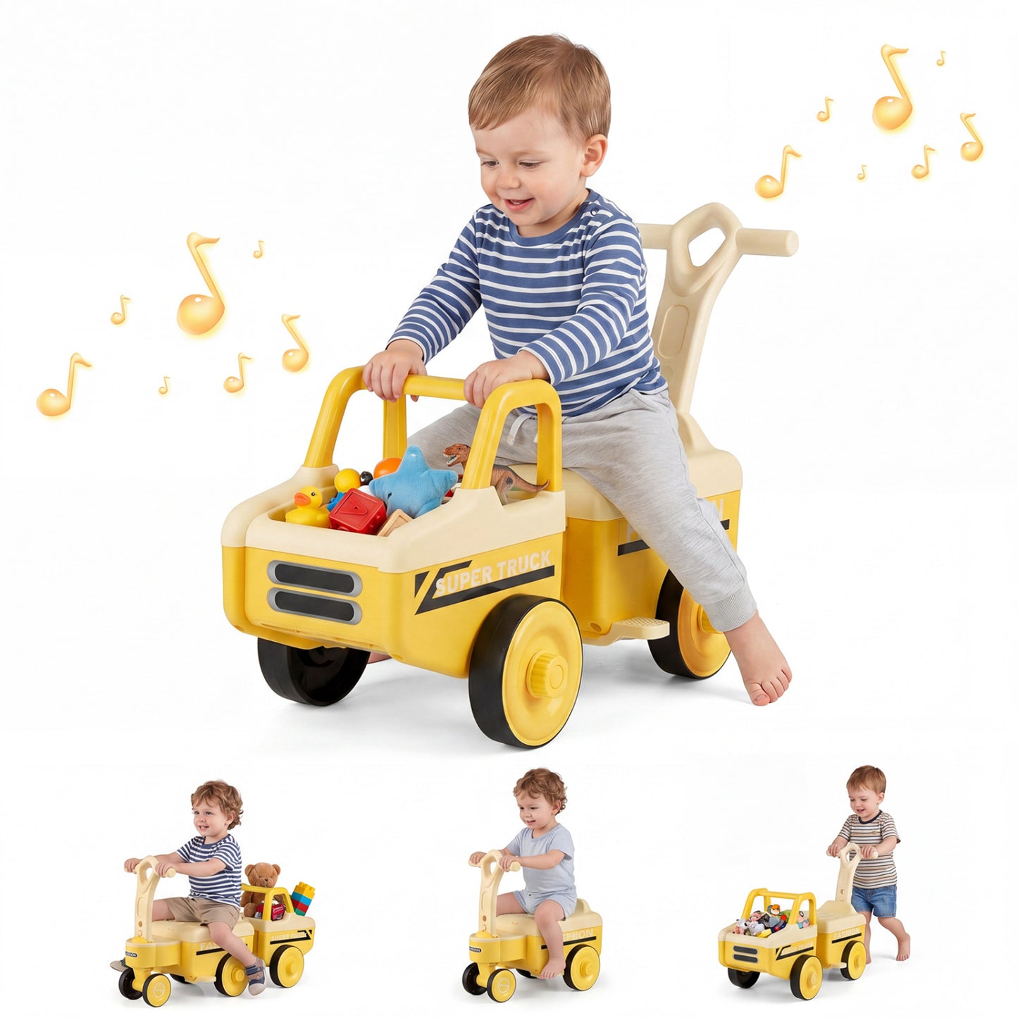 4 in 1 Ride on Push Car with Music and Under-Seat Storage for Boys Girls, Yellow Push & Pedal Ride On Toys at Gallery Canada