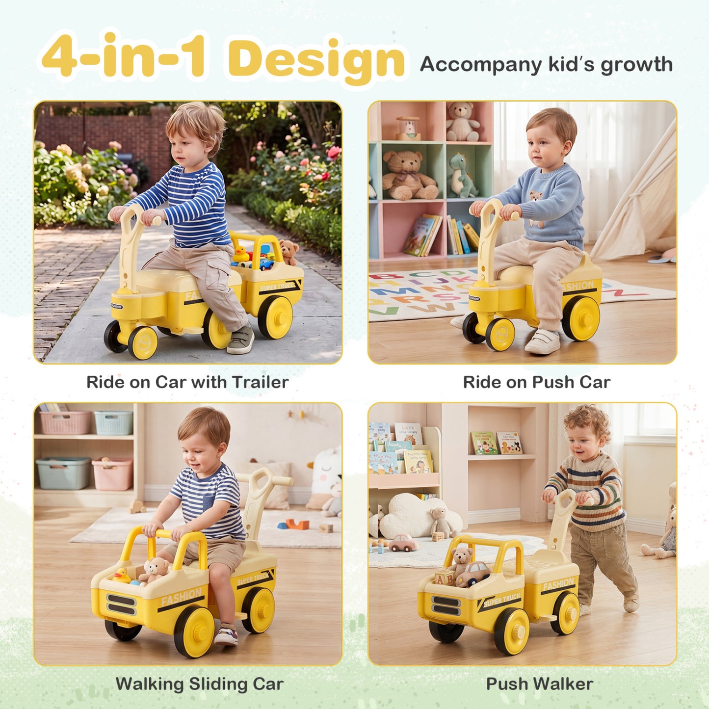 4 in 1 Ride on Push Car with Music and Under-Seat Storage for Boys Girls, Yellow Push & Pedal Ride On Toys at Gallery Canada