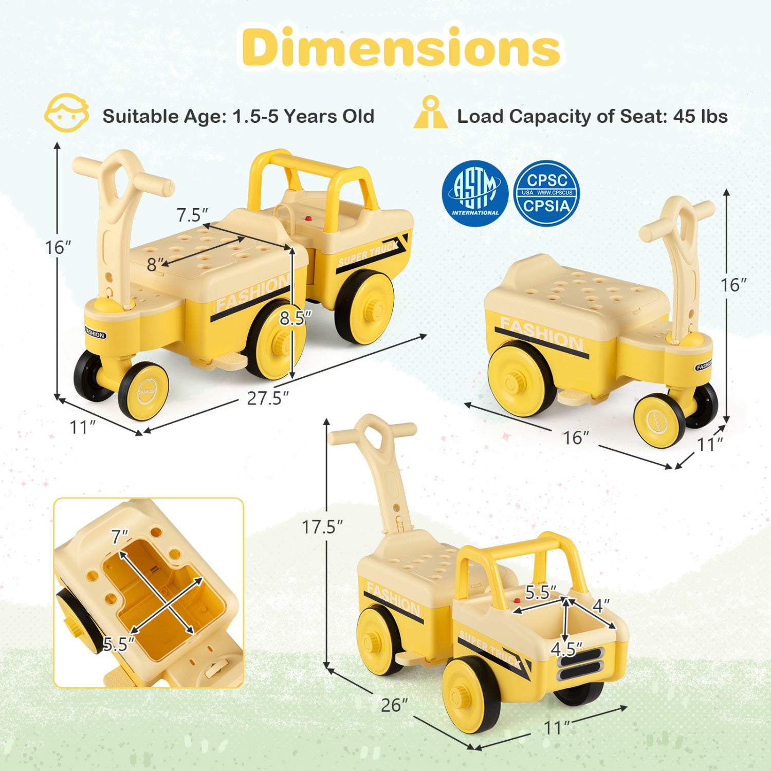 4 in 1 Ride on Push Car with Music and Under-Seat Storage for Boys Girls, Yellow Push & Pedal Ride On Toys at Gallery Canada