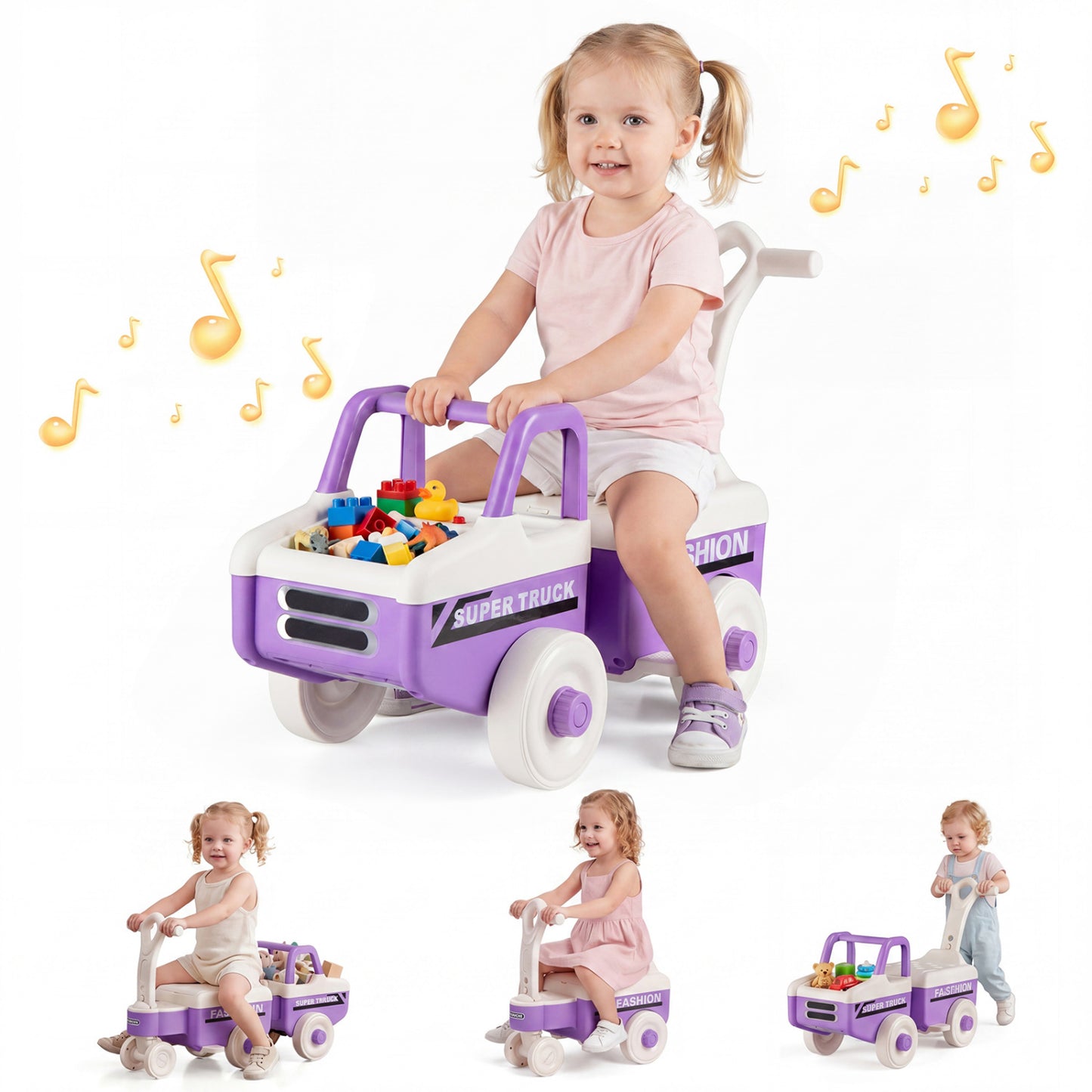 4 in 1 Ride on Push Car with Music and Under-Seat Storage for Boys Girls, Purple Push & Pedal Ride On Toys at Gallery Canada