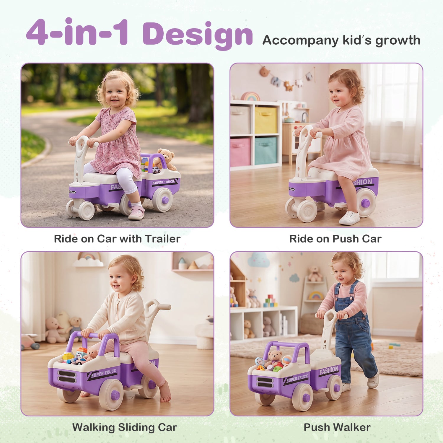 4 in 1 Ride on Push Car with Music and Under-Seat Storage for Boys Girls, Purple Push & Pedal Ride On Toys at Gallery Canada
