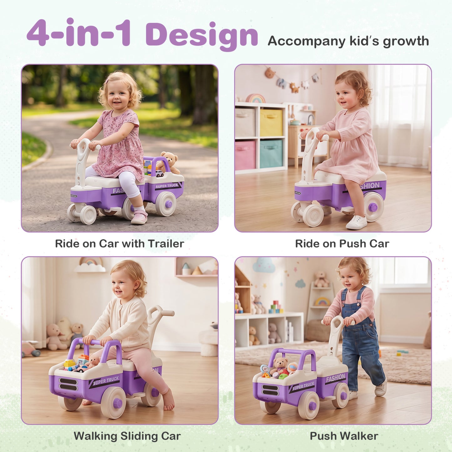 4 in 1 Ride on Push Car with Music and Under-Seat Storage for Boys Girls, Purple Push & Pedal Ride On Toys at Gallery Canada