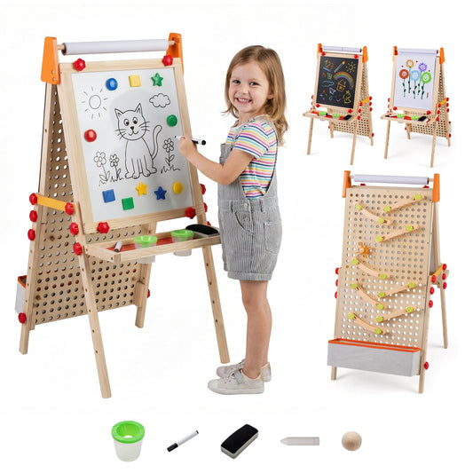 4-in-1 Wooden Kids Art Easel Double-Sided Foldable with Paper Roll and Storage Tray, Natural Art Easels Natural at Gallery Canada