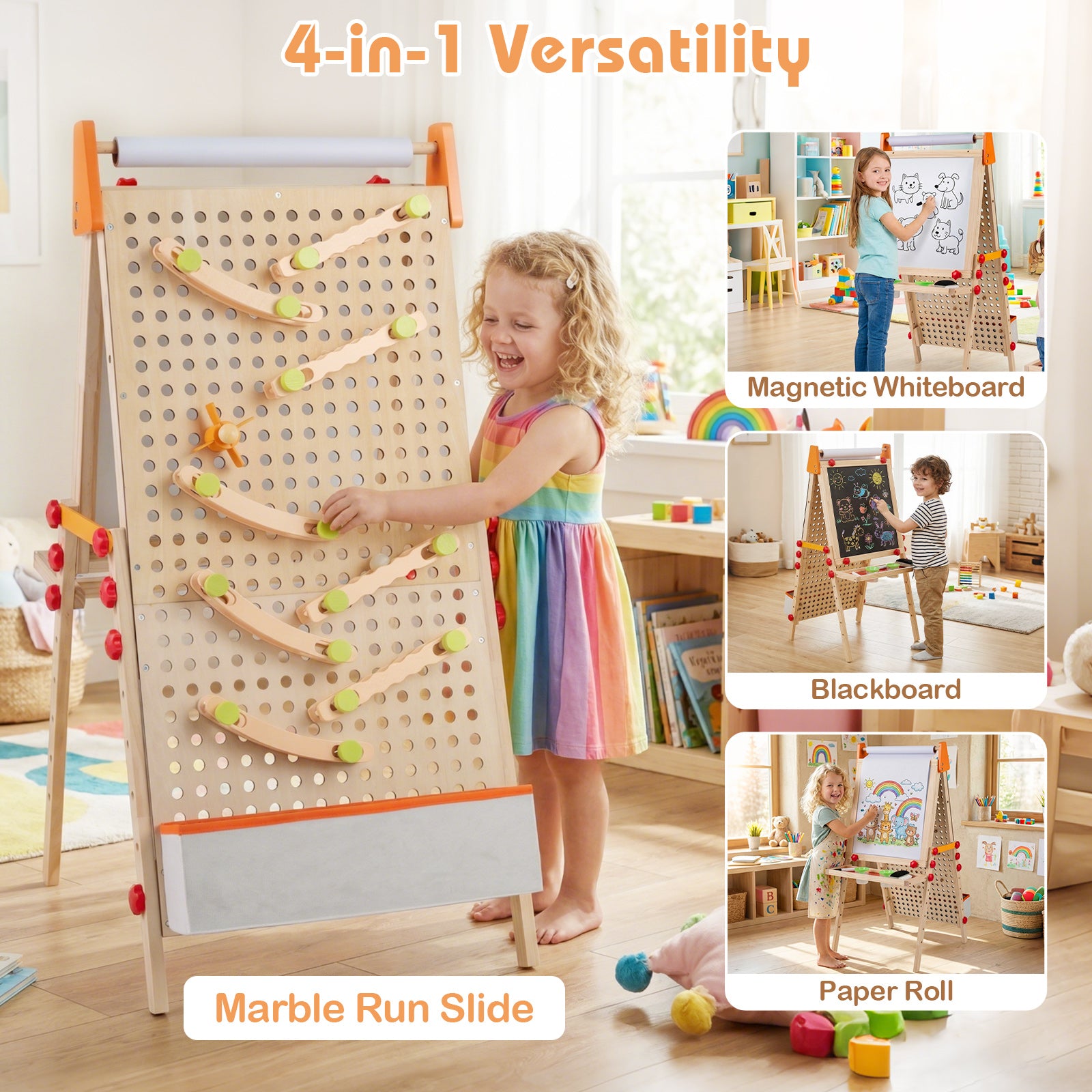 4-in-1 Wooden Kids Art Easel Double-Sided Foldable with Paper Roll and Storage Tray, Natural Art Easels at Gallery Canada