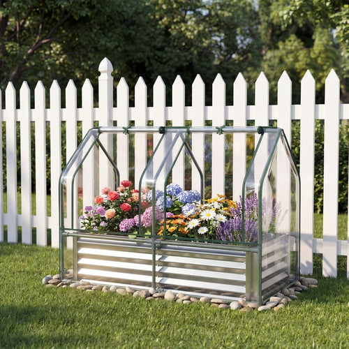 4x2x3 Feet Galvanized Raised Garden Bed, Greenhouse Cover, Silver