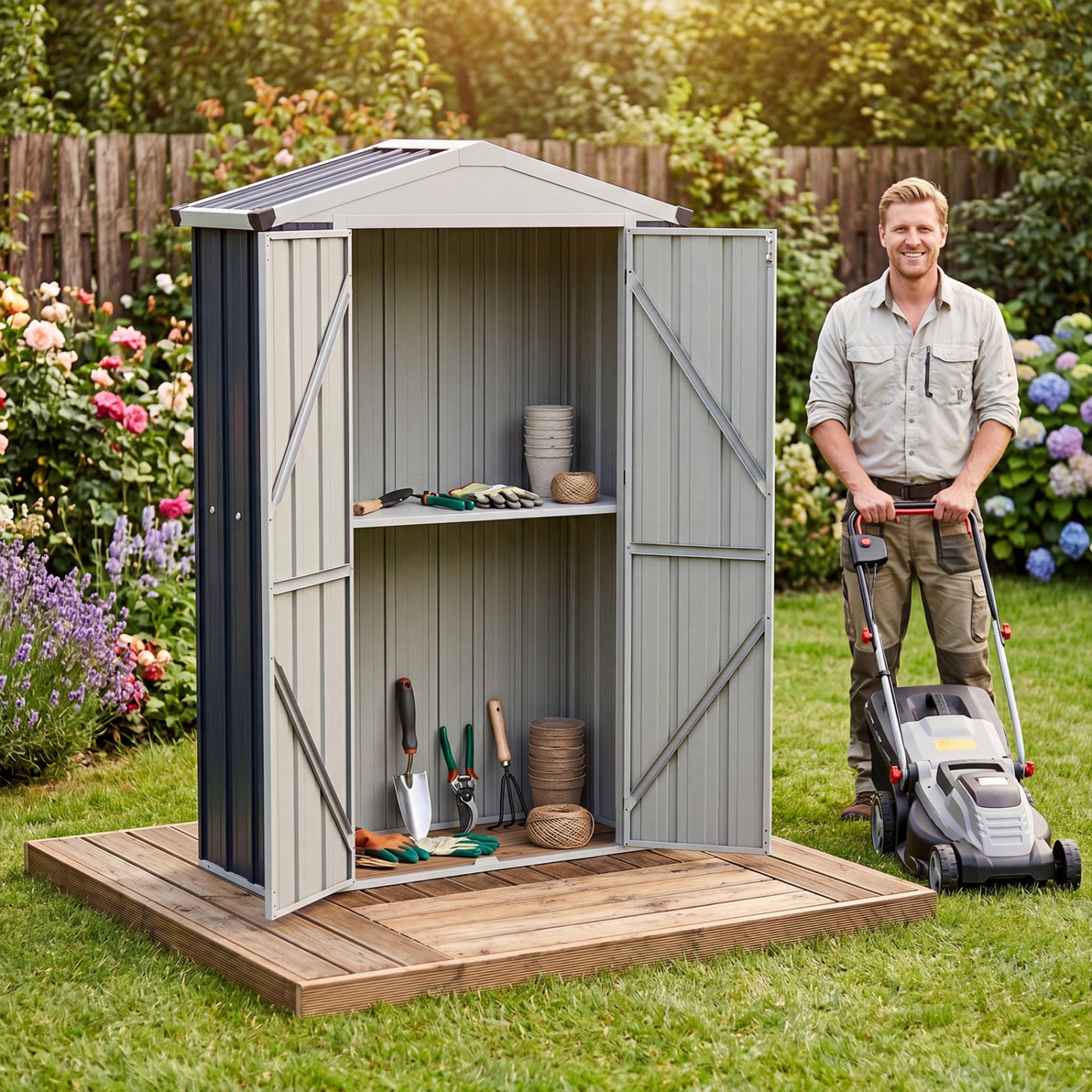 4 X 2 X 6 FT Outdoor Storage Shed, Sloping Roof, Lockable Door, Gray