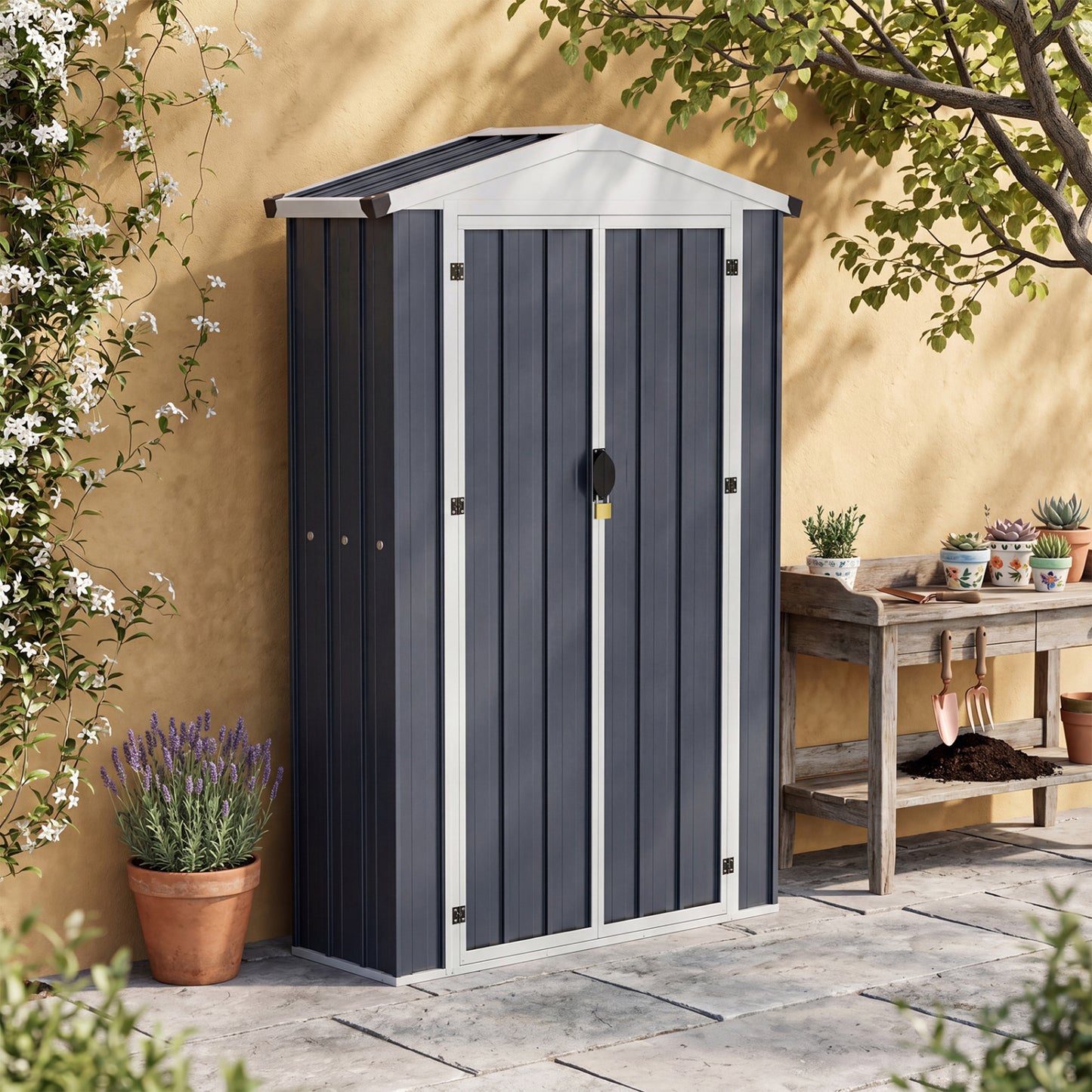 4 X 2 X 6 FT Outdoor Storage Shed, Sloping Roof, Lockable Door, Gray