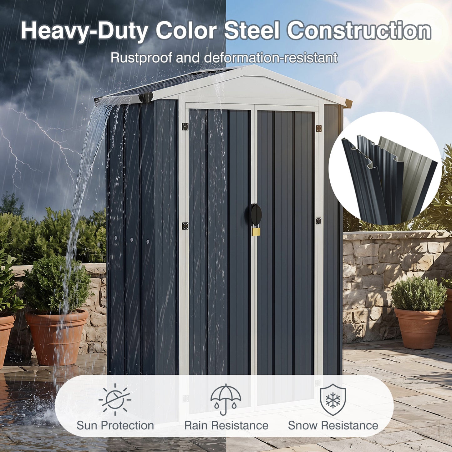 4 X 2 X 6 FT Outdoor Storage Shed, Sloping Roof, Lockable Door, Gray