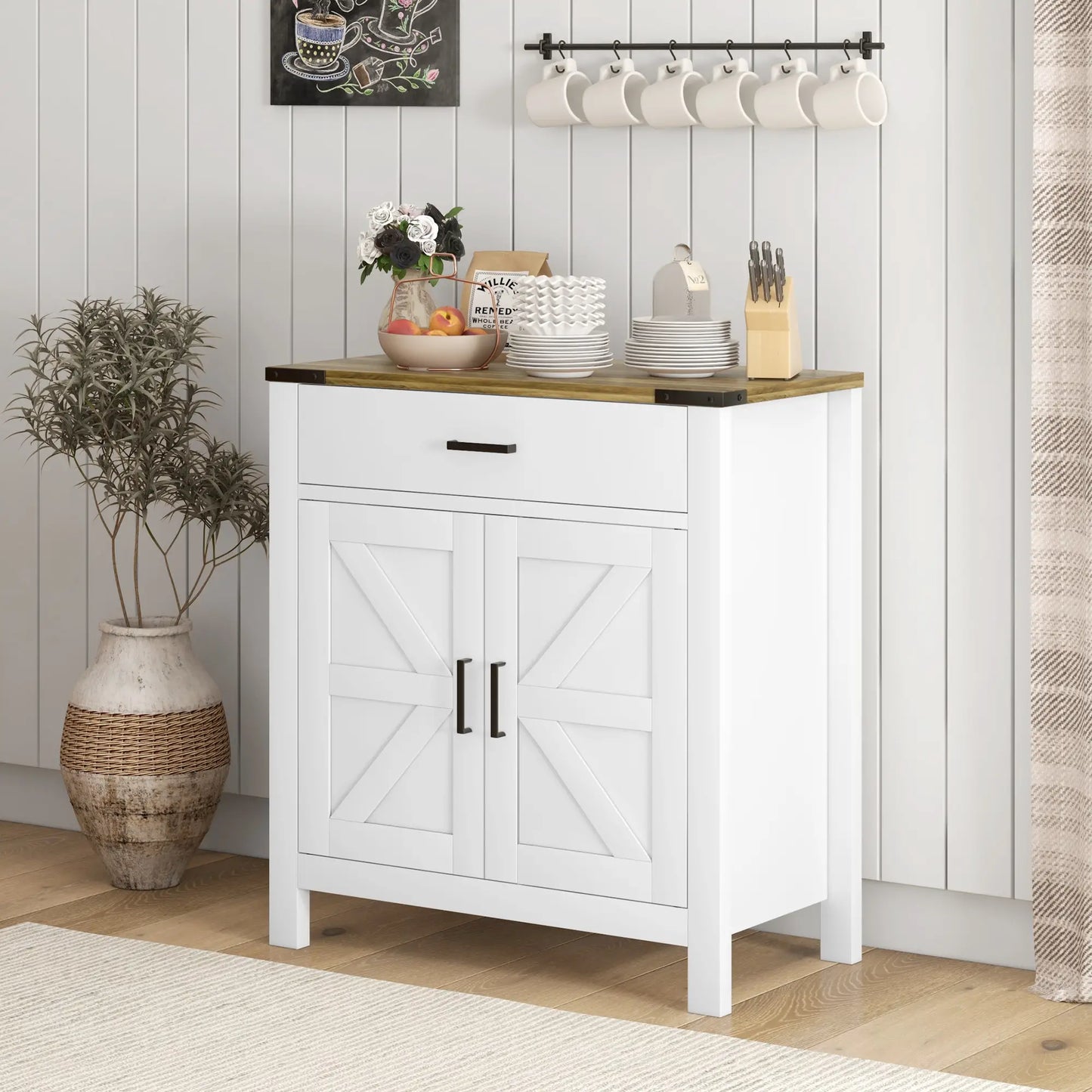 Farmhouse Buffet Cabinet, 1 Drawer, Storage Cabinet, Adjustable Shelf, White Bar Cabinets at Gallery Canada