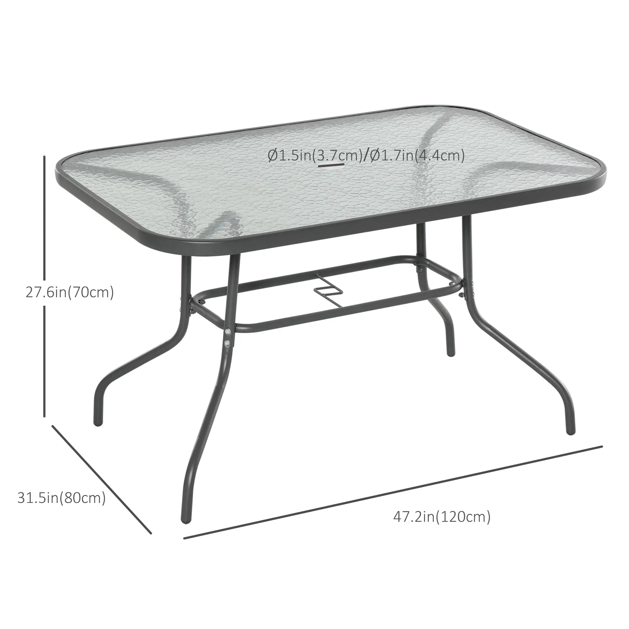 Metal Garden Dining Table, Umbrella Hole, Tempered Glass Top, 47.25