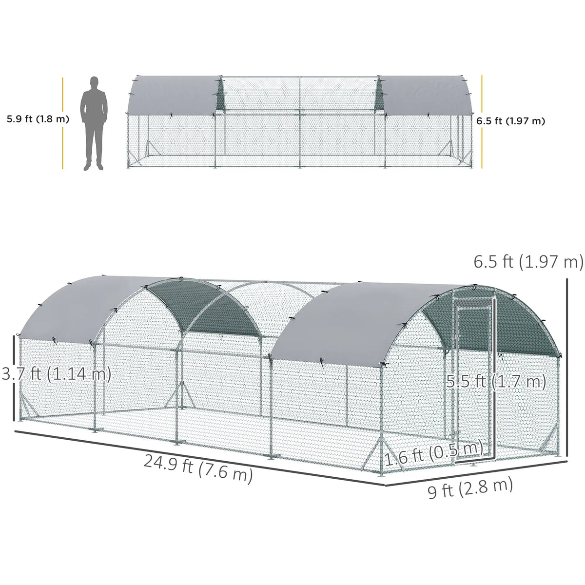 Large Metal Chicken Coop, Walk-in Enclosure, Poultry Hen Run, 9.2' x 24.9' x 6.5', Silver Chicken Coops at Gallery Canada