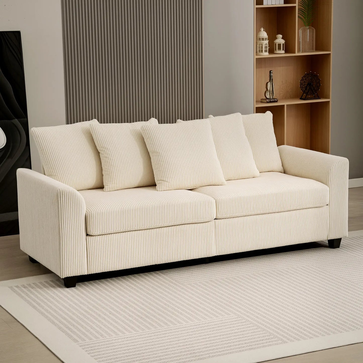 Corduroy Couch, 3 Seater Sofa, Modern with Curved Armrests, 8 Pillows, Beige 3-Seater Sofas at Gallery Canada