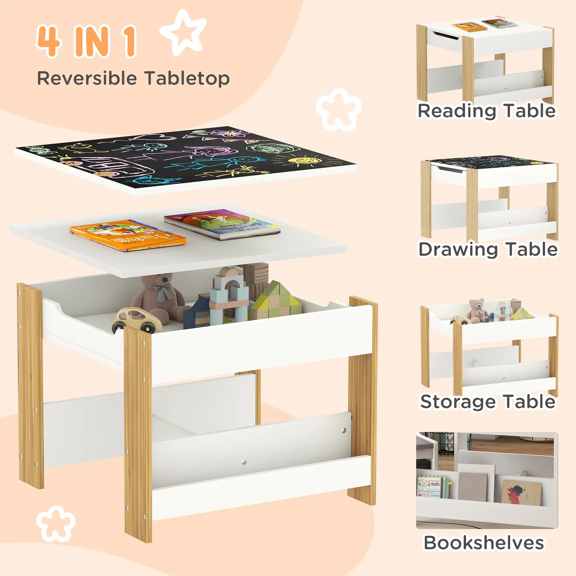3 Piece Kids Table and Chair Set, Reversible Tabletop, Blackboard, Storage, Bookshelf, Natural Kids Table Sets at Gallery Canada
