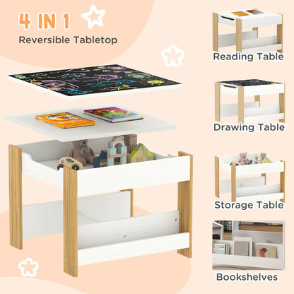 3 Piece Kids Table and Chair Set, Reversible Tabletop, Blackboard, Storage, Bookshelf, Natural Kids Table Sets at Gallery Canada
