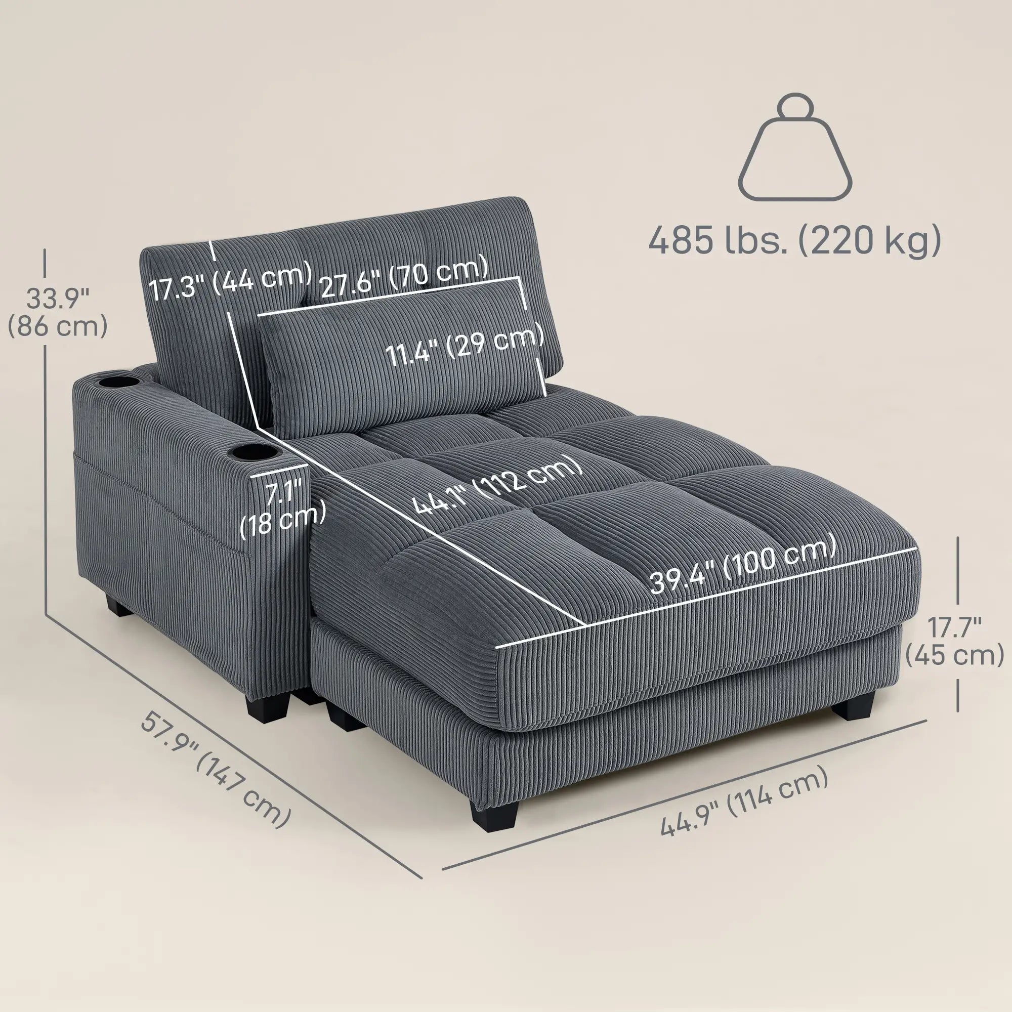 58 Inch Chaise Lounge, Oversized Corduroy Sofa Bed, Dark Grey Sofas & Reclining Chairs at Gallery Canada