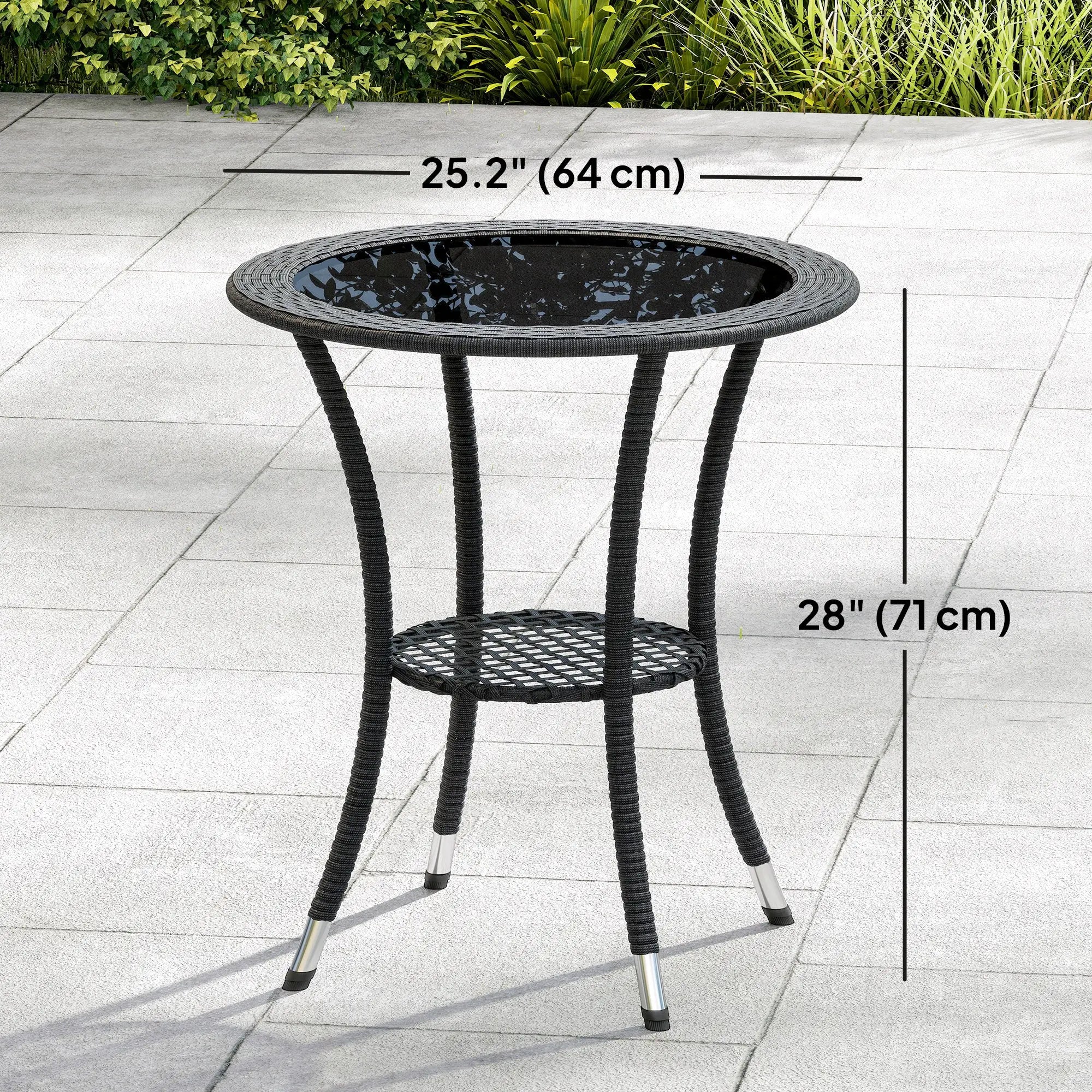 Outdoor Rattan Dining Table, Round Coffee Table with 2-Tier Shelf, Black Patio Dinning Tables at Gallery Canada