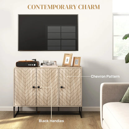 Modern Sideboard, Adjustable Shelves, 3 Chevron Doors, Oak Wood Grain Storage Cabinets at Gallery Canada