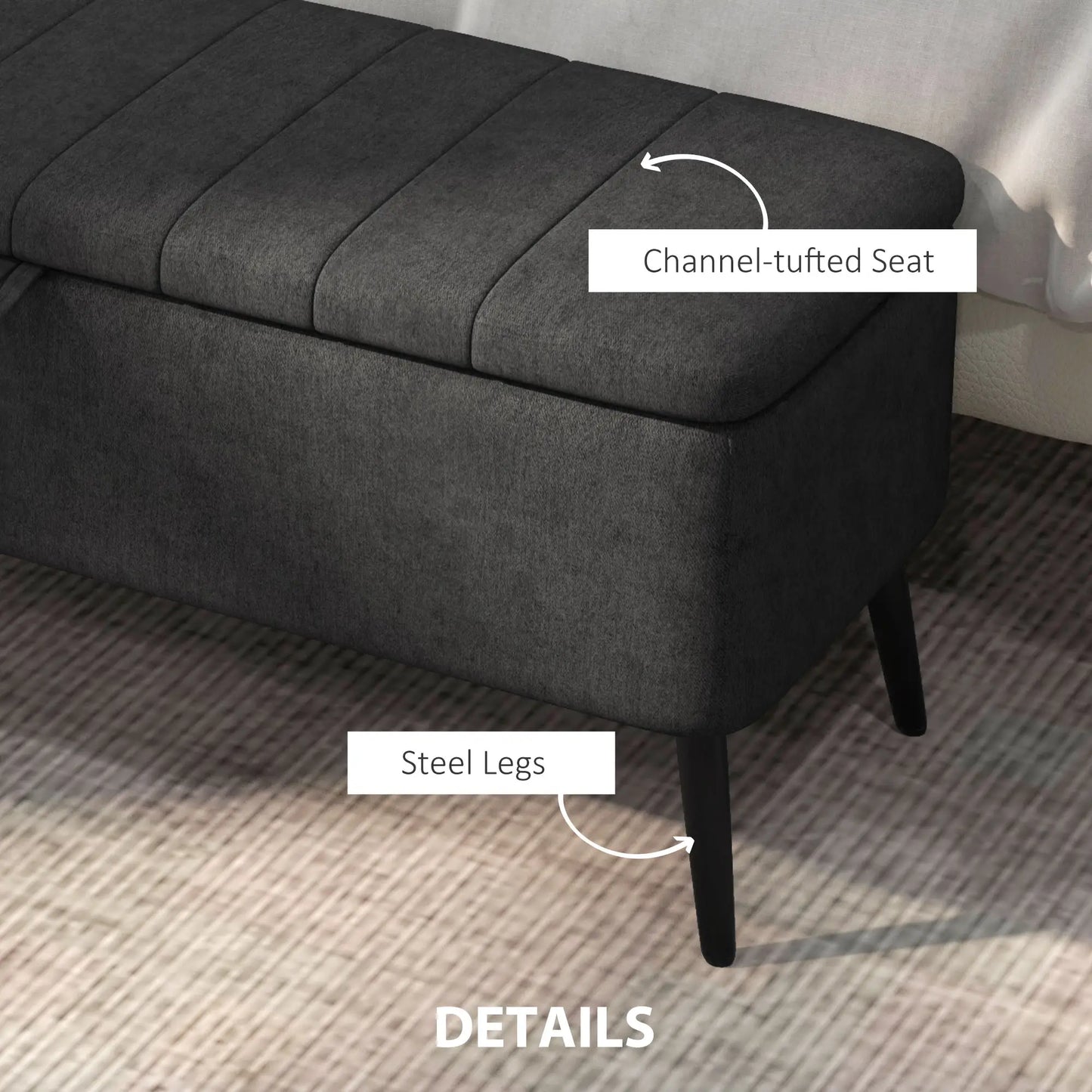 40" Ottoman with Storage, Linen Upholstered Bench, Dark Grey