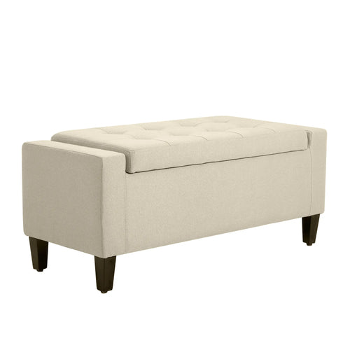 Storage Ottoman Bench, Tufted Linen Fabric, Flip Top, Beige