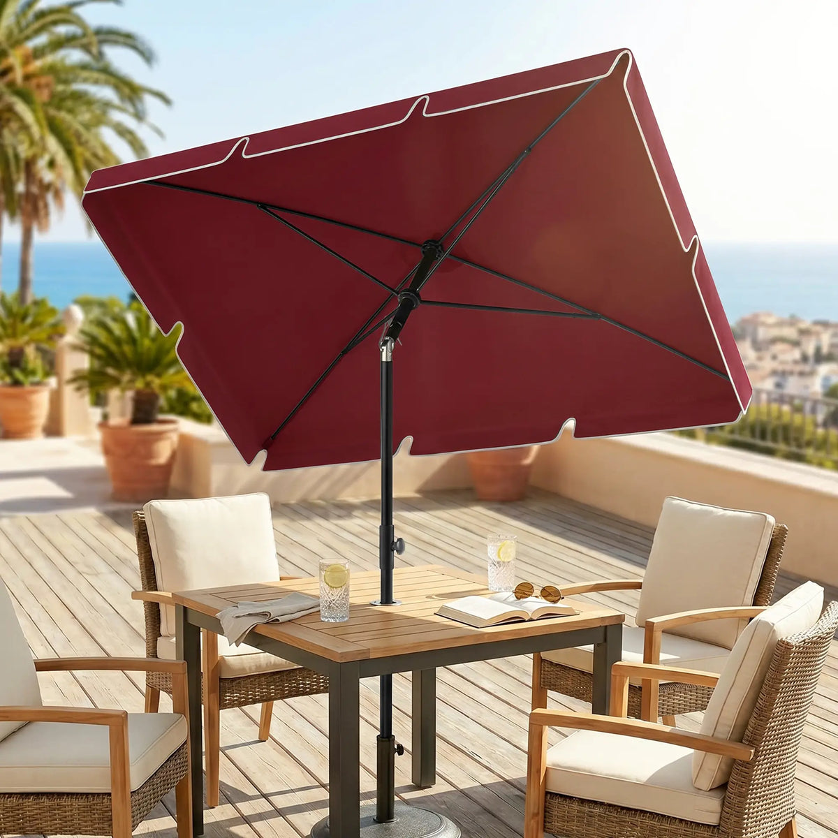 6.5x4ft Rectangle Patio Umbrella, Tilt Adjustable, Wine Red Sun Umbrellas at Gallery Canada