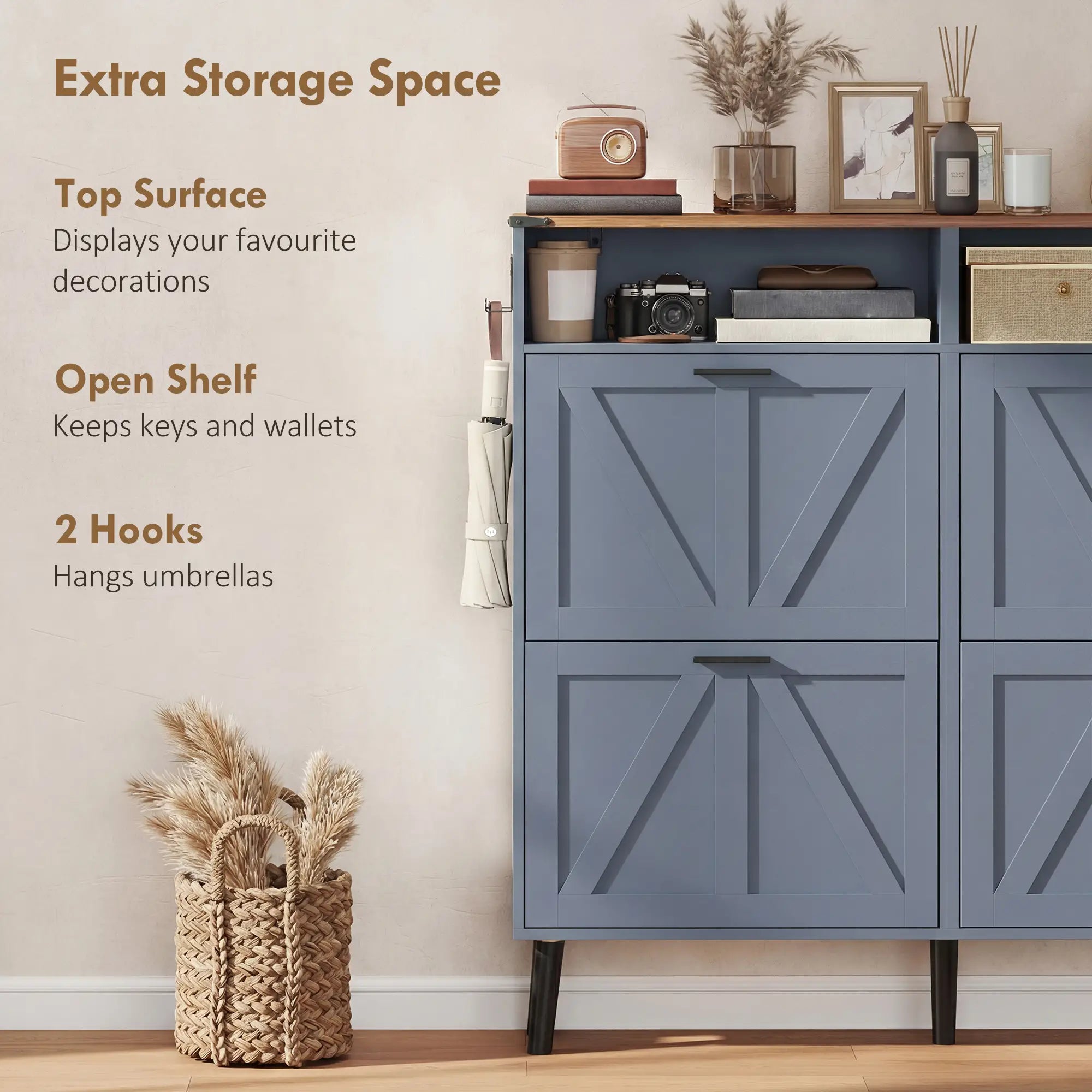 Shoe Storage Cabinet, 4 Flip Drawers, Farmhouse Narrow, Holds 24 Pairs, Blue Shoe Storage Cabinets & Racks at Gallery Canada