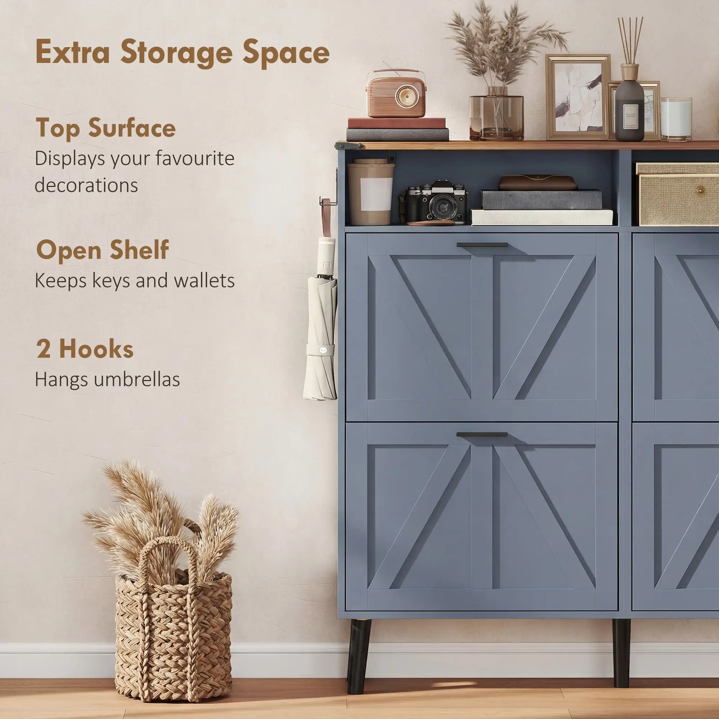 Shoe Storage Cabinet, 4 Flip Drawers, Farmhouse Narrow, Holds 24 Pairs, Blue Shoe Storage Cabinets & Racks at Gallery Canada
