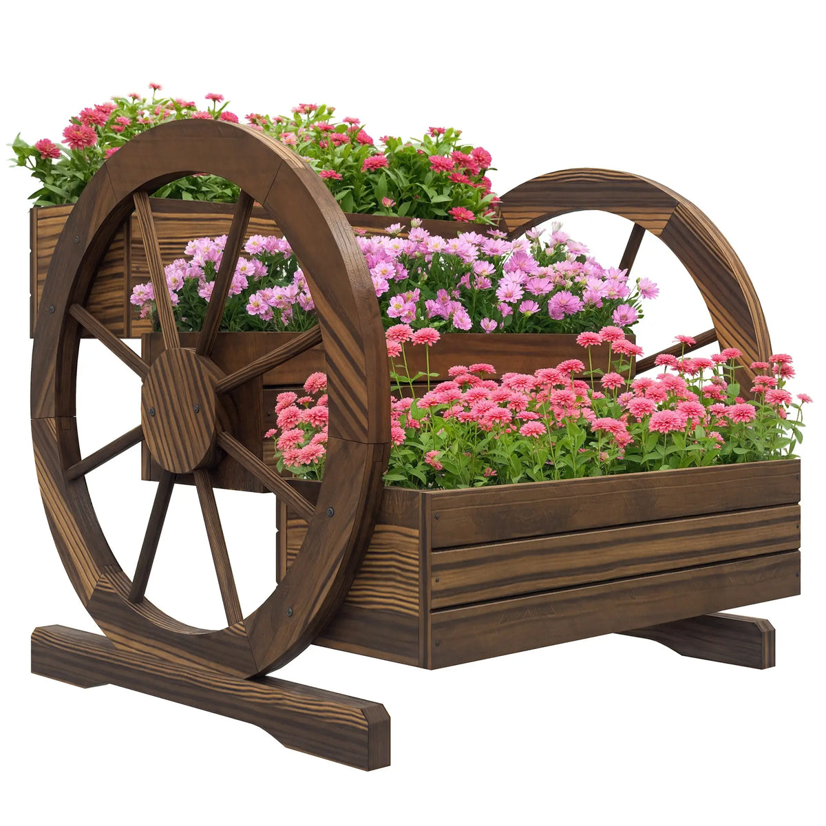 Wooden Wagon Planter Box, 3-Tier Raised Garden Bed, 24" x 24" x 22", Carbonized Wooden Planter Boxes at Gallery Canada