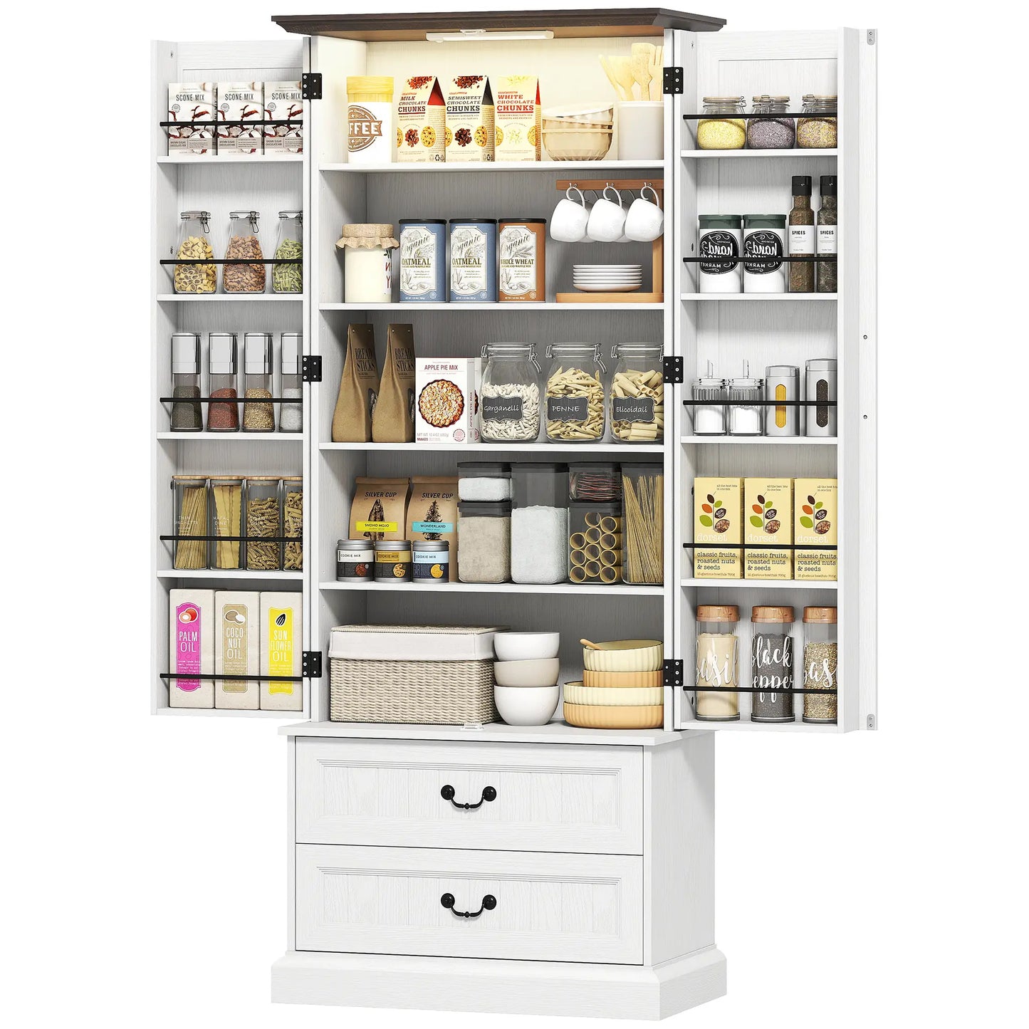 72" LED Kitchen Pantry Cabinet, 10 Door Shelves, 2 Drawers, White Kitchen Pantry Cabinets White, Brown at Gallery Canada