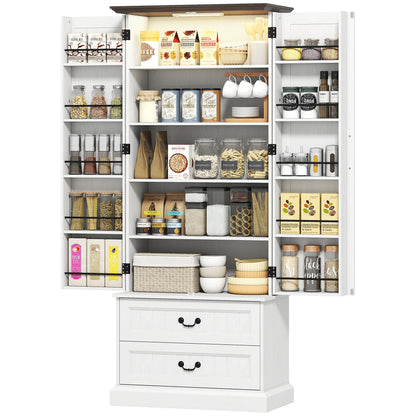 72" LED Kitchen Pantry Cabinet, 10 Door Shelves, 2 Drawers, White Kitchen Pantry Cabinets White, Brown at Gallery Canada