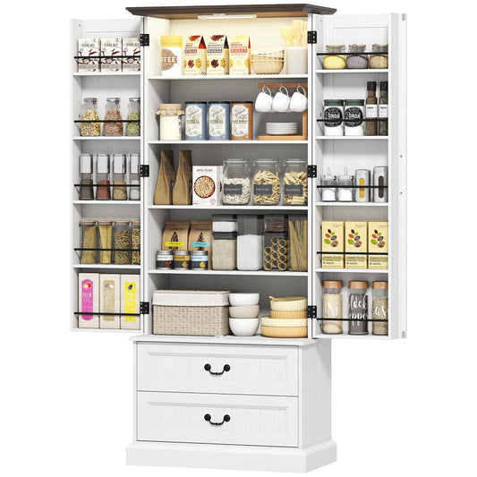 72" LED Kitchen Pantry Cabinet, 10 Door Shelves, 2 Drawers, White Kitchen Pantry Cabinets White, Brown at Gallery Canada