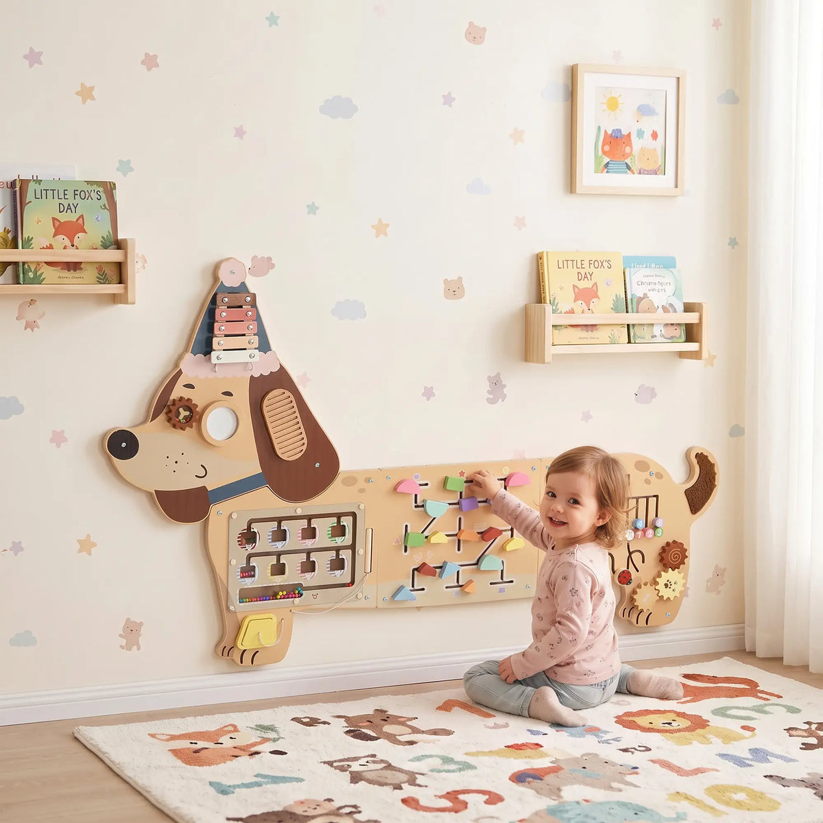Tableau d'activités mural en bois, Panneau sensoriel Montessori, Teckel, Tout-petit