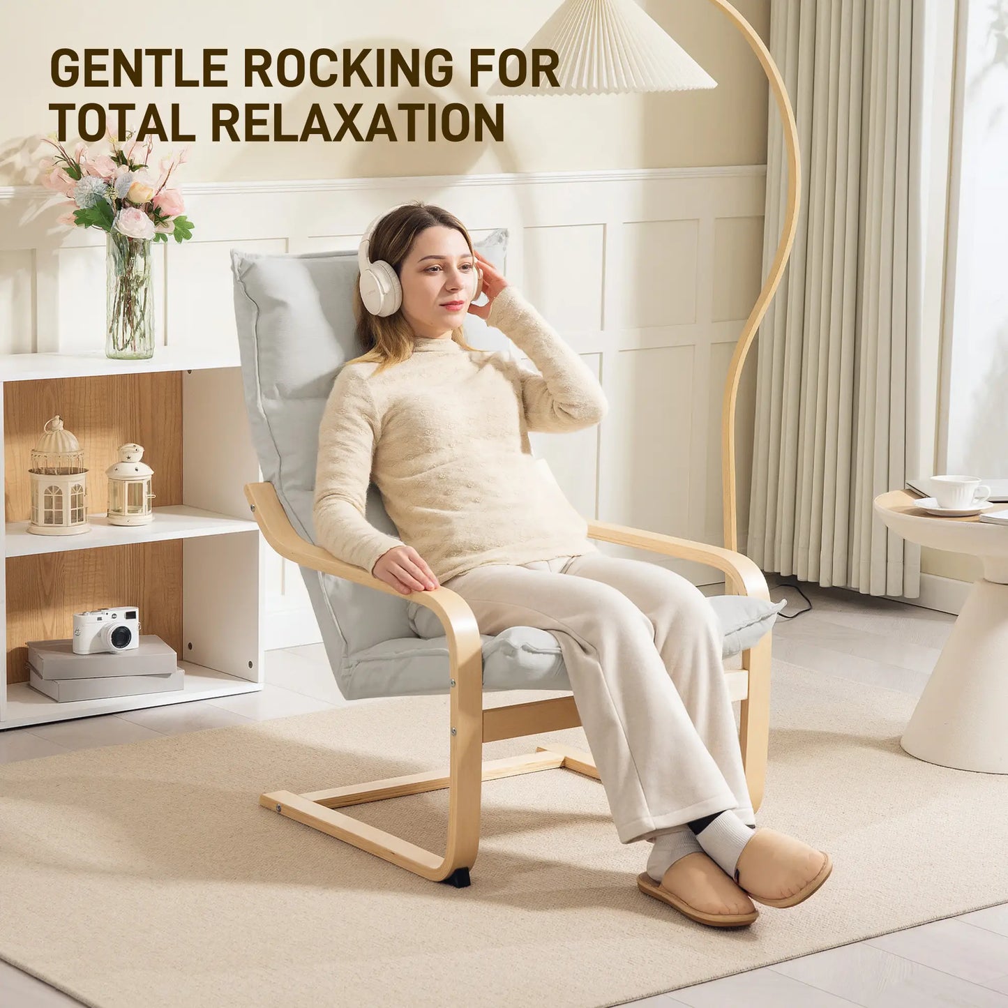 Birch Wood Fabric Modern Armchair, Curved Leg and Arm, Cream White Accent Chairs at Gallery Canada