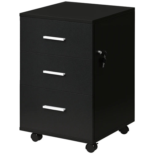 Mobile 3 Drawer File Cabinet with Wheels, Lock, Keys, Black