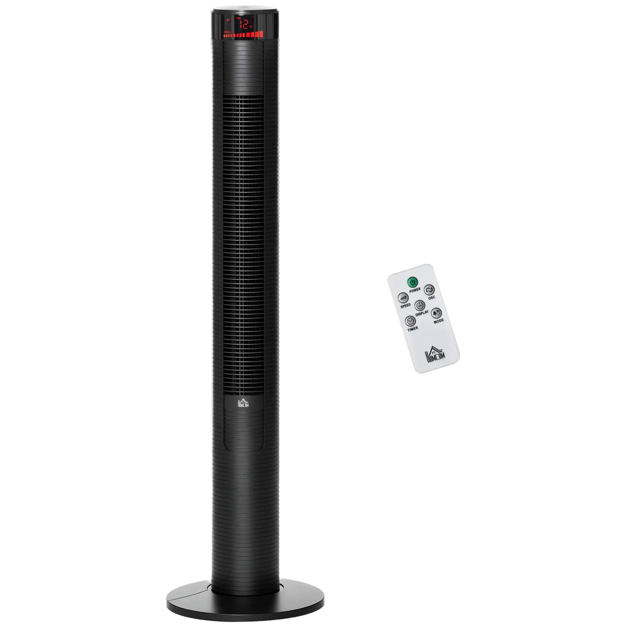 Freestanding Tower Fan, 3 Speed, 12h Timer, Oscillating, LED, Remote, Black Tower Fans Black at Gallery Canada