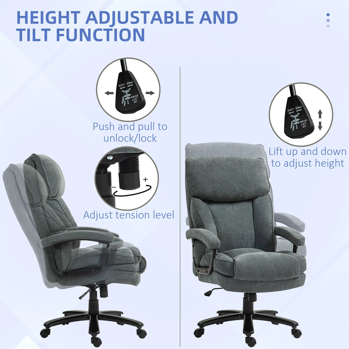 Grande chaise de bureau exécutive haute, capacité 450 livres, grise