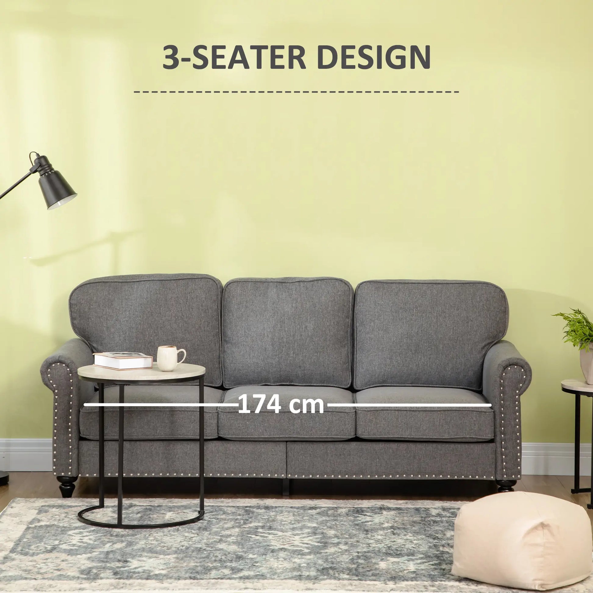 3-Seater Sofa, 81" Upholstered Linen Fabric, Rubberwood Legs, Grey 3-Seater Sofas at Gallery Canada