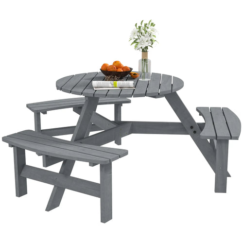 6 Person Round Picnic Table, With Umbrella Hole, 3 Built-in Benches, Grey
