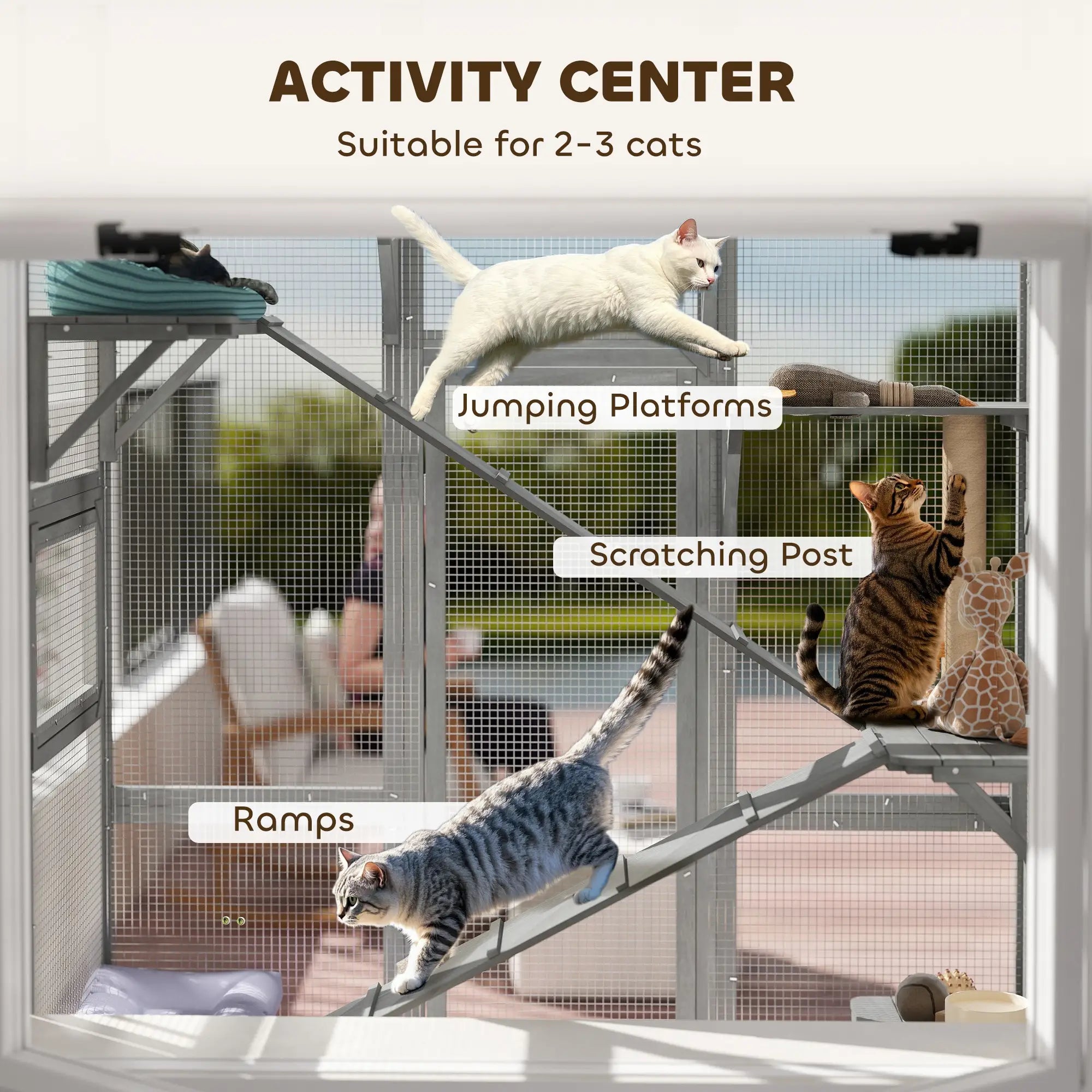 Wooden Catio Outdoor Cat Enclosure, 6 Jumping Platforms, Scratching Post, 2 Ramps, Waterproof Roof, Grey Outdoor Cat Enclosures at Gallery Canada