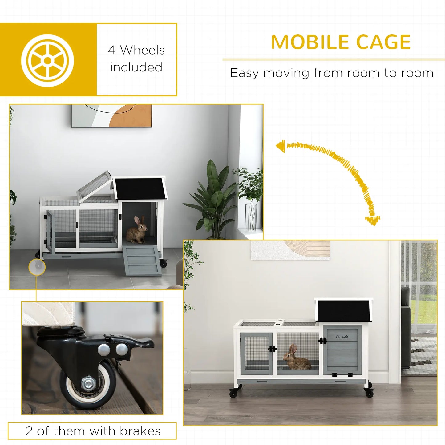 Rabbit Cage With Wheels, Ramp, Run, Tray, Indoor Outdoor, Grey